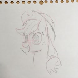 Size: 3024x3024 | Tagged: safe, artist:huodx, applejack, pony, female, hat, mare, monochrome, open mouth, simple background, smiling, traditional art