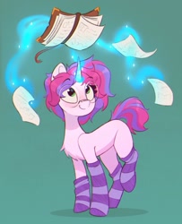 Size: 1051x1295 | Tagged: safe, artist:rexyseven, oc, oc only, pony, unicorn, book, chest fluff, clothes, glasses, green background, magic, simple background, smiling, socks