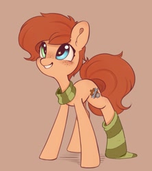 Size: 803x906 | Tagged: safe, artist:melodylibris, oc, oc only, oc:rusty gears, earth pony, pony, brown background, clothes, scarf, simple background, smiling, socks