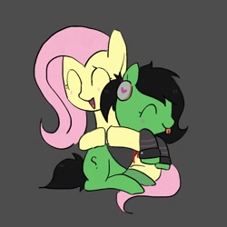 Size: 1000x1000 | Tagged: safe, artist:omelettepony, fluttershy, oc, oc:filly anon, pony, blushing, eyes closed, female, filly, gray background, hug, open mouth, simple background, smiling, tongue out