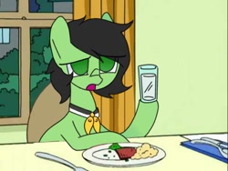 Size: 480x360 | Tagged: safe, artist:omelettepony, oc, oc only, oc:filly anon, earth pony, pony, ascot, bush, curtains, earth pony oc, eye clipping through hair, family guy, female, filly, food, fork, glass, necktie, open mouth, plate, scene interpretation, solo, spoon, table, water, window