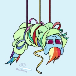 Size: 2048x2048 | Tagged: safe, artist:omelettepony, rainbow dash, pegasus, pony, party pooped, female, glare, looking at you, mare, piñata, ribbon, simple background, solo, staring at you, tangled up, tied up, unamused