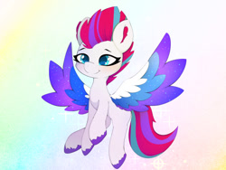 Size: 540x405 | Tagged: safe, alternate version, artist:zokkili, imported from derpibooru, zipp storm, pegasus, pony, female, g5, rainbow background, solo, sparkles, starry eyes, wingding eyes