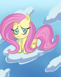 Size: 1633x2048 | Tagged: safe, artist:headhazed, fluttershy, pegasus, pony, blushing, cloud, frown, sitting, sky