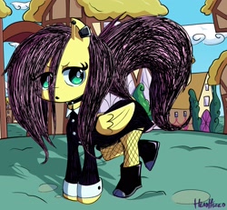 Size: 2162x2000 | Tagged: safe, artist:headhazed, fluttershy, pegasus, pony, boots, clothes, dock, dress, ear piercing, fishnets, goth, open mouth, piercing, ponyville, raised tail, shoes, tail