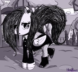 Size: 2162x2000 | Tagged: safe, artist:headhazed, fluttershy, pegasus, pony, boots, clothes, dock, dress, ear piercing, fishnets, goth, monochrome, open mouth, piercing, ponyville, raised tail, shoes, tail