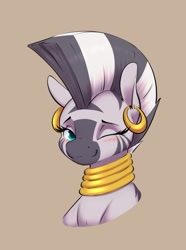 Size: 1743x2337 | Tagged: safe, artist:aquaticvibes, zecora, zebra, blushing, brown background, ear piercing, earring, jewelry, one eye closed, piercing, simple background, smiling, wink