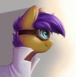 Size: 1065x1079 | Tagged: safe, artist:melodylibris, scootaloo, pony, clothes, goggles, lab coat, simple background, smiling