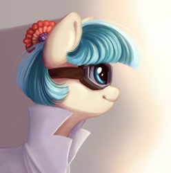 Size: 1189x1200 | Tagged: safe, artist:melodylibris, coco pommel, pony, clothes, goggles, lab coat, simple background, smiling