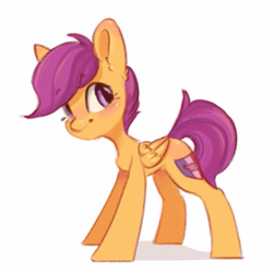 Size: 623x620 | Tagged: safe, artist:melodylibris, scootaloo, pegasus, pony, blushing, looking back, simple background, smiling, white background