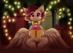 Size: 1200x873 | Tagged: safe, artist:melodylibris, oc, oc only, pegasus, pony, bow, christmas, christmas lights, christmas tree, holiday, present, sitting, smiling, spread wings, tree, wings