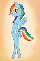 Size: 800x1200 | Tagged: safe, artist:zokkili, imported from derpibooru, rainbow dash, pegasus, semi-anthro, bipedal, butt, orange background, plot, simple background, solo