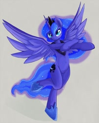 Size: 920x1140 | Tagged: safe, alternate version, artist:zokkili, imported from derpibooru, princess luna, alicorn, semi-anthro, bipedal, gray background, simple background, solo