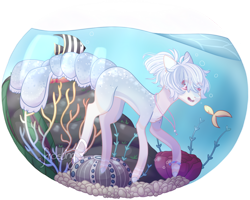 Size: 1024x820 | Tagged: safe, artist:xfrosting, imported from derpibooru, oc, oc only, earth pony, fish, pony, aquarium, bubble, commission, coral, crepuscular rays, female, flower, jewelry, mare, necklace, ocean, open mouth, pink eyes, seaweed, signature, simple background, smiling, solo, sunlight, transparent background, underwater, water, ych result