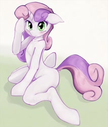 Size: 765x900 | Tagged: safe, alternate version, artist:zokkili, imported from derpibooru, sweetie belle, semi-anthro, unicorn, bipedal, blushing, looking at you, solo