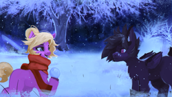 Size: 1920x1080 | Tagged: safe, artist:hierozaki, imported from derpibooru, oc, oc only, oc:fenris ebonyglow, oc:kara waypoint, earth pony, pegasus, pony, clothes, karanris, scarf, snow, snowfall, tree, winter