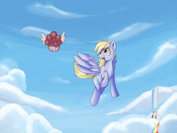 Size: 1600x1200 | Tagged: safe, artist:zokkili, imported from derpibooru, derpy hooves, pegasus, pony, cloud, flying, food, muffin, rainbow, sky, solo