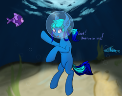 Size: 1280x1011 | Tagged: safe, artist:drakejackson13, imported from derpibooru, oc, oc only, earth pony, fish, pony, blue mane, bubble, bubble helmet, crepuscular rays, dialogue, flowing tail, looking at you, male, ocean, open mouth, purple eyes, seaweed, smiling, solo, stallion, sunlight, tail, underwater, water