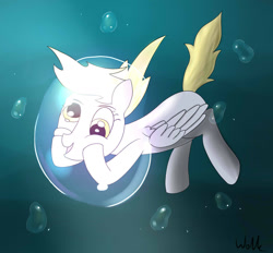 Size: 1294x1200 | Tagged: safe, artist:wolkiewicz, imported from derpibooru, derpy hooves, pegasus, pony, blue background, bubble, crepuscular rays, female, folded wings, glowing, mare, ocean, simple background, smiling, solo, sunlight, underwater, water, wings, yellow eyes, yellow mane