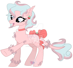 Size: 1280x1199 | Tagged: safe, artist:pure-blue-heart, imported from derpibooru, oc, original species, adoptable, bow, cherry, choker, closed species, crysvalonia, ear piercing, earring, freckles, fruit, gemstone pony, gemstones, jewelry, piercing, pink, simple background, tail bow, transparent background