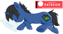 Size: 866x475 | Tagged: safe, artist:pure-blue-heart, imported from derpibooru, oc, oc:digital wrench, pony, unicorn, black mane, male, patreon, patreon logo, patreon reward, pillow, simple background, sleeping, solo, stallion, transparent background