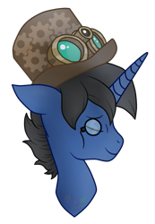 Size: 755x1089 | Tagged: safe, artist:pure-blue-heart, imported from derpibooru, oc, oc:digital wrench, unicorn, black mane, bust, commission, commissioner:bastlerrj, goggles, hat, male, portrait, simple background, solo, stallion, steampunk, transparent background