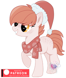 Size: 875x1026 | Tagged: safe, artist:pure-blue-heart, imported from derpibooru, oc, oc:brushed light, earth pony, pony, body freckles, christmas, clothes, female, freckles, hat, holiday, mare, patreon, patreon logo, patreon reward, santa hat, scarf, simple background, snow, snowflake, solo, transparent background