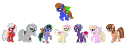 Size: 1280x445 | Tagged: safe, artist:pure-blue-heart, imported from derpibooru, oc, oc only, oc:banana smoothie, oc:bluebook, oc:bookworm, oc:candy string, oc:midnight breeze, oc:pure heart, oc:sour cherry, oc:stinging nettle, earth pony, pegasus, pony, bandage, beanie, bracelet, choker, deviantart watermark, ear piercing, earring, female, glasses, hat, jewelry, mare, neckerchief, necklace, obtrusive watermark, piercing, ponysona, simple background, sweatband, transparent background, watermark