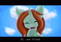 Size: 4096x2867 | Tagged: safe, artist:zemlya, imported from derpibooru, crackle cosette, queen chrysalis, pony, unicorn, bust, disguised changeling, english, eyes closed, open mouth, open smile, smiling, solo, subtitles
