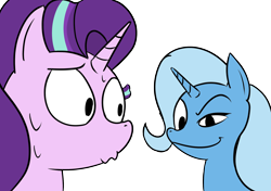 Size: 2048x1444 | Tagged: safe, artist:suryfromheaven, imported from derpibooru, starlight glimmer, trixie, pony, unicorn, duo, duo female, female, g4, mare, meme, simple background, smiling, smirk, sweat, transparent background