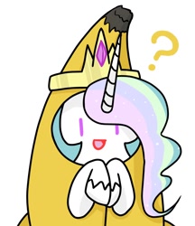 Size: 640x740 | Tagged: safe, artist:batipin, imported from derpibooru, princess celestia, alicorn, pony, banana, banana costume, banana suit, bananalestia, clothes, costume, do you like bananas?, food, food costume, question mark, simple background, solo, white background