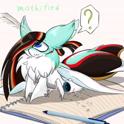 Size: 4096x4096 | Tagged: safe, artist:zemlya, imported from derpibooru, oc, oc only, hybrid, insect, moth, mothpony, original species, plane pony, book, japanese, jet engine, mothified, neck fluff, one eyed, pen, plane, question mark, simple background, solo, species swap, white background