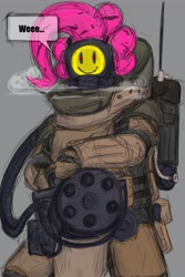 Size: 2731x4096 | Tagged: safe, artist:zemlya, imported from derpibooru, pinkie pie, bomb suit, bulldozer (payday), gray background, gun, minigun, payday 2, simple background, smiley face, solo, weapon, weeeeeeee