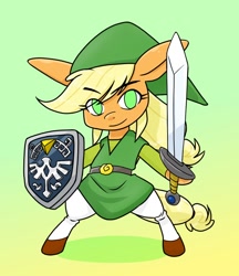Size: 640x740 | Tagged: safe, artist:batipin, imported from derpibooru, applejack, semi-anthro, clothes, cosplay, costume, elf hat, hat, link, link's hat, link's tunic, shield, solo, sword, the legend of zelda, toon link, weapon