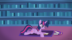 Size: 3840x2161 | Tagged: safe, artist:n0kkun, imported from derpibooru, twilight sparkle, alicorn, pony, book, bookshelf, lying down, prone, reading, solo, twilight sparkle (alicorn)