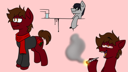 Size: 959x540 | Tagged: safe, artist:beefgummies, imported from derpibooru, oc, oc only, oc:blood clot, earth pony, pony, bath, bathtub, bloodshot eyes, blunt, clothes, cutie mark, drugs, high, homestuck, hoodie, ink, marijuana, red background, reference sheet, scarf, sharpie, simple background, smoke