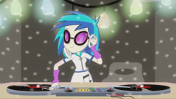 Size: 3410x1920 | Tagged: safe, imported from derpibooru, screencap, dj pon-3, vinyl scratch, equestria girls, rainbow rocks, shake your tail, disc jockey, female, headphones, high res, smiling, solo, sunglasses