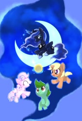 Size: 1181x1748 | Tagged: safe, artist:asaoto_1g2g, imported from derpibooru, princess luna, alicorn, earth pony, pegasus, pony, unicorn, crescent moon, female, filly, foal, happy, moon