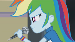 Size: 3410x1920 | Tagged: safe, imported from derpibooru, screencap, rainbow dash, equestria girls, friendship games, chs rally song, clothes, cutie mark on clothes, female, high res, microphone, smiling, solo