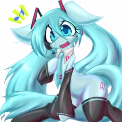 Size: 4096x4096 | Tagged: safe, artist:zemlya, imported from derpibooru, kotobukiya, earth pony, pony, anime, emanata, floppy ears, hatsune miku, kotobukiya hatsune miku pony, music notes, necktie, ponified, simple background, solo, vocaloid, white background