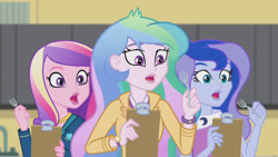 Size: 3410x1920 | Tagged: safe, imported from derpibooru, screencap, princess cadance, princess celestia, princess luna, acadeca, equestria girls, friendship games, clipboard, dean cadance, female, fork, high res, open mouth, principal celestia, siblings, sisters, trio, trio female, vice principal luna