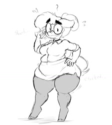 Size: 1630x1810 | Tagged: safe, artist:somefrigginnerd, imported from derpibooru, oc, oc only, oc:pencil test, anthro, earth pony, unguligrade anthro, chubby, clothes, female, hair bun, monochrome, pantyhose, skirt, solo