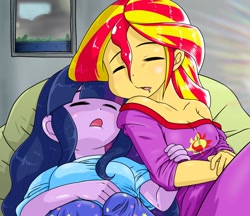 Size: 1480x1280 | Tagged: safe, alternate version, artist:batipin, imported from derpibooru, sci-twi, sunset shimmer, twilight sparkle, equestria girls, breasts, cleavage, clothes, cute, drool, duo, female, lesbian, scitwishimmer, shipping, sleeping, sunsetsparkle