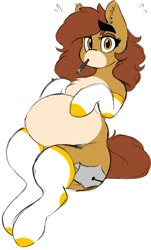 Size: 604x1002 | Tagged: safe, artist:somefrigginnerd, imported from derpibooru, oc, oc only, oc:pencil test, earth pony, pony, belly, big belly, chest fluff, clothes, fat, female, freckles, looking at you, mouth hold, pen, socks, solo