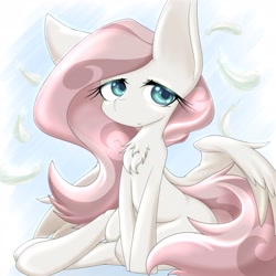 Size: 4096x4096 | Tagged: safe, artist:zemlya, imported from derpibooru, fluttershy, pegasus, pony, chest fluff, feather, looking at you, smiling, smiling at you, solo