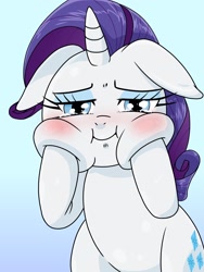 Size: 1536x2048 | Tagged: safe, alternate version, artist:batipin, imported from derpibooru, rarity, pony, unicorn, bipedal, blushing, cheek squish, crying, cute, female, floppy ears, gradient background, looking at you, mare, raribetes, rarity is a marshmallow, simple background, solo, squishy cheeks