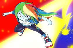 Size: 2467x1626 | Tagged: safe, alternate version, artist:batipin, imported from derpibooru, rainbow dash, equestria girls, abstract background, clothes, converse, female, jacket, leggings, shirt, shoes, sneakers, solo