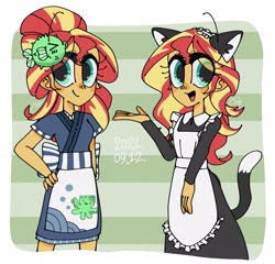 Size: 2048x1968 | Tagged: safe, artist:oc_ponys, imported from derpibooru, sunset shimmer, fish, puffer fish, equestria girls, apron, clothes, duality, fake ears, japanese, maid, neko, simple background, sunset sushi, white background