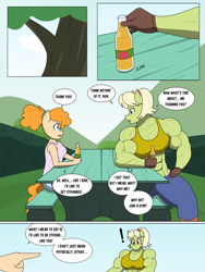 Size: 1495x1985 | Tagged: safe, artist:matchstickman, imported from derpibooru, granny smith, pear butter, anthro, earth pony, comic:the other side, abs, bench, biceps, bottle, breasts, busty granny smith, cider, clothes, comic, deltoids, dialogue, drink, duo, exclamation point, female, gloves, granny smash, mare, muscles, muscular female, pointing, shirt, sleeveless, sleeveless shirt, speech bubble, table, teenager, young granny smith, young pear butter, younger