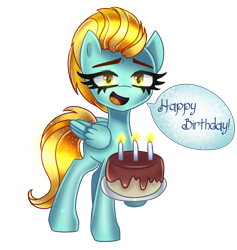 Size: 3600x3800 | Tagged: safe, artist:opal_radiance, imported from derpibooru, lightning dust, pegasus, pony, birthday, cake, candle, commission, fire, food, happy, happy birthday, simple background, solo, speech bubble, the washouts, transparent background